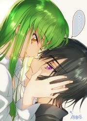 Rule 34 | 1boy, 1girl, black hair, c.c., code geass, creayus, eye contact, face-to-face, from side, frown, green hair, hand on another&#039;s face, lelouch vi britannia, long hair, looking at another, nervous, purple eyes, shirt, short hair, smile, sweatdrop, translated, yellow eyes
