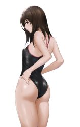 Rule 34 | 1girl, adjusting clothes, ass, bare shoulders, black one-piece swimsuit, breasts, brown hair, character request, competition swimsuit, copyright request, from behind, highleg, highleg swimsuit, highres, kurone rinka, long hair, looking at viewer, looking to the side, one-piece swimsuit, simple background, small breasts, solo, standing, swimsuit, thighs, white background