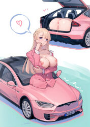 Rule 34 | 1girl, absurdres, anus, ass, blonde hair, blue eyes, braid, breasts, breasts out, car, car girl, commission, formal, french braid, heart, highres, inverted nipples, large breasts, long hair, looking at viewer, motor vehicle, nipples, original, personification, pink car, pink suit, pussy, pussy juice, skeb commission, spoken heart, suit, taur, tesla model s, welt (kinsei koutenkyoku), what