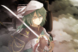Rule 34 | 10s, 1girl, brown gloves, cape, gloves, glowing, glowing eye, green eyes, green hair, hat, heterochromia, kantai collection, kiso (kancolle), long hair, looking at viewer, machinery, matching hair/eyes, neckerchief, no eyepatch, scar, scar across eye, scar on face, solo, sword, tsukamoto minori, upper body, weapon, yellow eyes