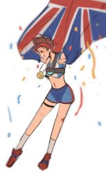 Rule 34 | 1girl, bad id, bad twitter id, bjmaki, blush, brown eyes, brown hair, chest harness, crop top, ear piercing, flag, harness, highres, kneehighs, medal, navel, official alternate costume, open mouth, overwatch, overwatch 1, piercing, shoes, short hair, shorts, socks, solo, sprinter tracer, thigh strap, tracer (overwatch), union jack, white socks