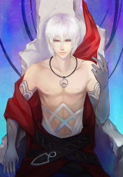 Rule 34 | 00s, 1boy, albedo piazzolla, albino, bare shoulders, belt, closed mouth, collarbone, elbow gloves, gloves, kamemushi, looking at viewer, male focus, necklace, purple eyes, sitting, smile, solo, white hair, xeno (series), xenosaga