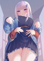 Rule 34 | 2girls, :o, absurdres, ange katrina, belt, blue dress, blunt bangs, blush, breasts, ceiling, commentary request, cowboy shot, dress, frills, from below, hallway, highres, hug, hug from behind, jacket, large breasts, lize helesta, long sleeves, multiple girls, nijisanji, out of frame, parted lips, purple eyes, sweat, take (user ypzx8253), thighs, tile ceiling, tiles, virtual youtuber, white hair