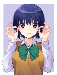 Rule 34 | 1girl, blue eyes, blue hair, blush, bow, bowtie, breasts, ciel (tsukihime), collared shirt, commentary request, fingernails, green bow, green bowtie, hair between eyes, highres, lips, long sleeves, looking at viewer, medium breasts, open mouth, school uniform, shirt, short hair, smile, solo, tanka kikurage, tsukihime, tsukihime (remake), uniform, upper body, vest, white shirt, yellow vest