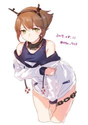 Rule 34 | 1girl, anchor symbol, blue one-piece swimsuit, breasts, brown hair, chain, cosplay, cropped legs, green eyes, headgear, jacket, kansho (stm 735), kantai collection, long sleeves, mutsu (kancolle), off shoulder, one-hour drawing challenge, one-piece swimsuit, school swimsuit, short hair, simple background, small breasts, solo, swimsuit, swimsuit under clothes, white background, white jacket, yukikaze (kancolle), yukikaze (kancolle) (cosplay)