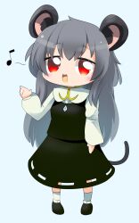 Rule 34 | 1girl, alternate hair length, alternate hairstyle, animal ear fluff, animal ears, black footwear, black skirt, black vest, blue background, blush, capelet, commentary request, cookie (touhou), crystal, full body, grey hair, highres, jewelry, lets0020, long hair, long sleeves, looking at viewer, medium bangs, mouse ears, mouse girl, mouse tail, musical note, nazrin, nyon (cookie), open mouth, pendant, red eyes, shirt, shoes, sidelocks, simple background, skirt, smile, socks, solo, standing, tail, touhou, vest, white capelet, white shirt, white socks