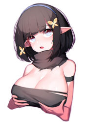 Rule 34 | 1girl, absurdres, arknights, arm strap, bare shoulders, beudelb, black hair, black tube top, blue eyes, breast hold, breasts, eunectes (arknights), flower, hair flower, hair ornament, highres, large breasts, looking at viewer, open mouth, pointy ears, short hair, simple background, solo, strapless, tube top, white background