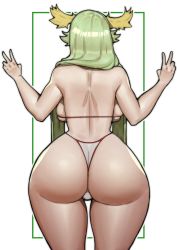Rule 34 | 1girl, absurdres, ass, back, backboob, bikini, breasts, double v, doublehero, facing away, green eyes, green hair, highres, huge ass, huge breasts, kid icarus, kid icarus uprising, long hair, nintendo, palutena, simple background, swimsuit, thick thighs, thighs, v, white bikini, wide hips