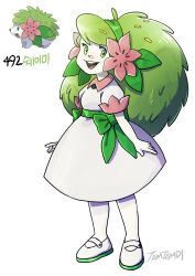 1girl collared_dress colored_skin creatures_(company) dress eyelashes full_body game_freak gen_4_pokemon green_hair highres legendary_pokemon looking_at_viewer mary_janes mythical_pokemon nintendo open_mouth pokemon pokemon_(creature) reference_inset shaymin shoes short_sleeves simple_background tamtamdi teeth translated upper_teeth_only white_background white_dress white_footwear white_skin