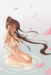 Rule 34 | 10s, 1girl, absurdres, breasts, brown eyes, brown hair, cherry blossoms, commentary request, covered erect nipples, female focus, flower, gradient background, gz  (ice), hair flower, hair ornament, highres, kantai collection, kneeling, large breasts, long hair, navel, nipples, ponytail, see-through, smile, solo, very long hair, water, yamato (kancolle)