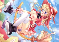 Rule 34 | 1girl, anal beads, ass, black bow, black footwear, blonde hair, blue eyes, blue sky, blush, boots, bow, breasts, breasts out, broom, broom riding, building, capelet, censored, cloud, cloudy sky, crease, dildo, dress, dutch angle, female focus, female masturbation, flying, functionally nude, gloves, hat, highres, hotei kazuha, large breasts, long hair, masturbation, nipples, no bra, no panties, object insertion, open mouth, outdoors, pink gloves, pointless censoring, pussy, pussy juice, scan, sex toy, shoes, sky, solo, thighhighs, upskirt, vaginal, vaginal object insertion, vibrator, white thighhighs, window, witch, witch hat