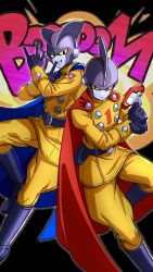 Rule 34 | 2boys, blue cape, boots, cape, colored sclera, colored skin, dragon ball, dragon ball super, dragon ball super super hero, gamma 1, gamma 2, grey skin, grin, gun, highres, holding, holding gun, holding weapon, male focus, mine1225, multiple boys, red cape, smile, sound effects, superhero costume, weapon, yellow sclera