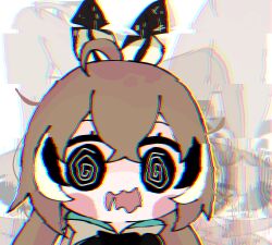 Rule 34 | 1girl, @ @, ahoge, black eyes, blush stickers, brown hair, chibi, chromatic aberration, commentary, crossed bangs, feather hair ornament, feathers, gibberish commentary, glitch, hair between eyes, hair ornament, highres, hololive, hololive english, koyoinacho, long hair, looking at viewer, multicolored hair, multiple views, nanashi mumei, open mouth, portrait, sidelocks, simple background, smol mumei, straight-on, streaked hair, virtual youtuber, wavy mouth, white background