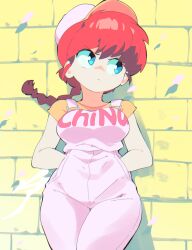 Rule 34 | 1girl, aetherion, blue eyes, braid, breasts, casual, closed mouth, highres, large breasts, long hair, looking away, looking to the side, orange shirt, overalls, pink overalls, ranma-chan, ranma 1/2, red hair, shirt, short sleeves, solo