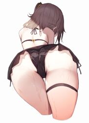 Rule 34 | 1girl, absurdres, ass, ass focus, back, bikini, bikini skirt, brown hair, commentary request, diieru, from behind, from below, girls&#039; frontline, highres, median furrow, one side up, side-tie bikini bottom, simple background, solo, swimsuit, thigh strap, thighs, ump45 (girls&#039; frontline), wet, white background