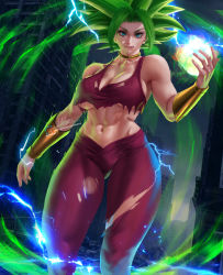 Rule 34 | 1girl, abs, absurdres, action, aqua eyes, artist name, aura, blue eyes, bracer, breasts, building, choker, curvy, dragon ball, dragon ball super, earrings, electricity, electrokinesis, energy, energy ball, feet out of frame, fusion, glowing, gluteal fold, green hair, gumroad username, hand up, highres, hlulani, jewelry, kefla (dragon ball), legendary super saiyan, long hair, looking at viewer, muscular, muscular female, navel, no bra, outdoors, pants, potara earrings, ruins, saiyan, shirt, signature, solo, spiked hair, stomach, super saiyan, tank top, teeth, thick thighs, thighs, torn clothes, torn pants, torn shirt