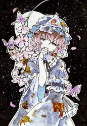 Rule 34 | 1girl, black ribbon, blue hat, blue kimono, bug, butterfly, cherry blossoms, clenched hand, commentary, covered mouth, frilled kimono, frilled shirt collar, frills, hair between eyes, half-closed eyes, hand to own mouth, hat, head tilt, highres, ikeda ruriko, insect, japanese clothes, kimono, long sleeves, looking at viewer, mob cap, moon, neck ribbon, petals, pink butterfly, pink hair, ribbon, saigyouji yuyuko, short hair, smile, solo, symbol-only commentary, touhou, traditional media, triangular headpiece, upper body, wavy hair, wide sleeves