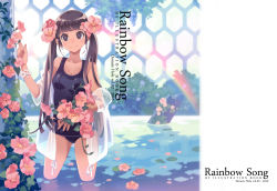 Rule 34 | 1girl, bf. (sogogiching), brown eyes, brown hair, flower, hair flower, hair ornament, long hair, one-piece swimsuit, original, rainbow, school swimsuit, smile, solo, swimsuit, twintails, wading, water