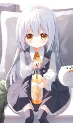 Rule 34 | 1girl, black dress, black thighhighs, blush, bottle, bow, brown eyes, bunny girl (yuuhagi (amaretto-no-natsu)), closed mouth, collared shirt, dress, feet out of frame, frilled dress, frills, grey hair, hair between eyes, holding, holding bottle, long hair, long sleeves, looking at viewer, original, pillow, puffy long sleeves, puffy sleeves, shirt, sitting, sleeveless, sleeveless dress, sleeves past wrists, solo, thighhighs, very long hair, white shirt, yellow bow, yuuhagi (amaretto-no-natsu)