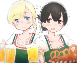 Rule 34 | 2girls, alcohol, basket, beer, beer mug, black hair, blonde hair, blue eyes, blush, braid, brown eyes, closed mouth, cup, dirndl, folded ponytail, food, german clothes, hair between eyes, hair ribbon, highres, holding, holding cup, kantai collection, kasuga maru (kancolle), long hair, ma rukan, medium hair, mug, multiple girls, open mouth, pretzel, ribbon, shin&#039;you (kancolle), simple background, smile, symbol-only commentary, taiyou (kancolle), upper body, white background, white ribbon