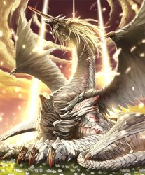 Rule 34 | 10s, 1boy, artist request, blonde hair, cloud, cloudy sky, cygames, dragon, feathered wings, flower, glowing, glowing eyes, grass, grasslands, horns, light rays, long hair, multiple wings, no humans, official art, open mouth, red eyes, scales, shadowverse, shingeki no bahamut, single horn, sky, sparkle, trinity dragon, wings