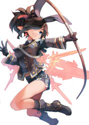 Rule 34 | 1girl, ataruman, black gloves, black socks, blue eyes, bow (weapon), breasts, brown hair, chromatic aberration, closed mouth, elsword, full body, gloves, hand up, highres, horns, kneehighs, long sleeves, medium breasts, military, military uniform, pointy ears, ponytail, short shorts, shorts, smile, socks, solo, uniform, weapon