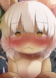 Rule 34 | 1boy, 1other, against wall, animal ears, blush, body fur, closed mouth, dagashi (daga2626), furry, highres, looking at viewer, made in abyss, mechanical arms, nanachi (made in abyss), pov, regu (made in abyss), short hair, topless, whiskers, white hair, yellow eyes