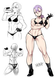 Rule 34 | 1girl, ass, bikini, black bikini, black gloves, boots, breasts, dimples of venus, drinking, flexing, gloves, gluteal fold, high heel boots, high heels, highres, muscular, muscular female, navel, original, pink eyes, ponytail, purple hair, ryuusei (mark ii), sidelocks, signature, small breasts, sweat, swimsuit, thick eyebrows, topless