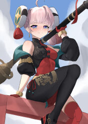 Rule 34 | 1girl, absurdres, ahoge, arm up, asymmetrical legwear, bare shoulders, black jacket, black pantyhose, blue eyes, breasts, bun cover, china dress, chinese clothes, cropped jacket, dai mao xuan yi, dress, earrings, giant brush, gloves, highres, holding, holding paintbrush, jacket, jewelry, knee up, liu huo (tower of fantasy), long sleeves, looking at viewer, medium breasts, off shoulder, open clothes, open jacket, paintbrush, pantyhose, pelvic curtain, pink hair, red dress, red gloves, red thighhighs, short dress, short hair, single leg pantyhose, single thighhigh, sitting, smile, solo, thick eyebrows, thighhighs, tower of fantasy