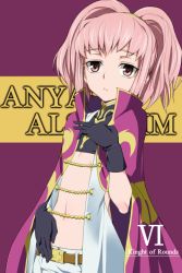 Rule 34 | 1girl, anya alstreim, closed mouth, code geass, flat chest, gloves, knights of the round uniform, kukurus, looking at viewer, medium hair, midriff, navel, pink eyes, pink hair, solo