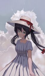 Rule 34 | 1girl, black bow, bow, choker, closed mouth, cloud, cloudy sky, dress, genshin impact, green eyes, hat, hat ribbon, looking at viewer, mona (genshin impact), moth1, puffy short sleeves, puffy sleeves, purple hair, red bow, red ribbon, ribbon, short sleeves, sky, solo, straw hat, upper body, white choker, white dress
