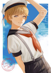 Rule 34 | 1boy, absurdres, adjusting clothes, adjusting headwear, arm behind back, blonde hair, blue eyes, character name, dated, hat, highres, kiryu miharu, looking at viewer, male focus, neckerchief, nennen (pixiv14003276), outdoors, red neckerchief, sailor hat, school uniform, shirt, short hair, short sleeves, solo, standing, suspenders, white hat, white shirt, witch watch