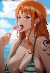 Rule 34 | 1girl, absurdres, arm tattoo, artist logo, aurakera, bikini, blue sky, blush, breasts, brown eyes, candy, cleavage, cloud, collarbone, earrings, food, highres, holding, holding candy, holding food, holding lollipop, jewelry, large breasts, lollipop, long hair, looking at viewer, nami (one piece), one piece, open mouth, orange hair, patreon username, pearl earrings, pixel art, saliva, saliva trail, skindentation, sky, solo, strap gap, striped bikini, striped clothes, swimsuit, tattoo, tongue, tongue out, upper body, watermark, web address
