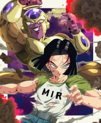 Rule 34 | 2boys, android 17, arms up, belt, biceps, black hair, black nails, blue eyes, blue pants, border, brown belt, bure (fantasticyouth7), closed mouth, clothes writing, collarbone, colored skin, commentary request, debris, dragon ball, dragon ball super, earrings, fingernails, floating rock, frieza, glowing, glowing eyes, gold skin, golden frieza, green shirt, grin, halo, hand up, highres, jewelry, looking at viewer, male focus, multiple boys, muscular, muscular male, outside border, pants, parted bangs, purple background, purple skin, red eyes, rock, scratches, shirt, shirt tucked in, short sleeves, smile, tail, teeth, torn clothes, torn shirt, upper body, white border, white shirt