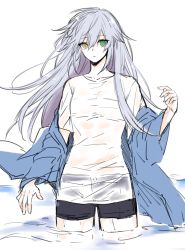 Rule 34 | 1girl, coat, collarbone, commentary request, cowboy shot, dodome ichika, eyes visible through hair, green eyes, grey hair, heterochromia, long hair, looking at viewer, original, partially submerged, shirt, shorts, simple background, solo, standing, waka (shark waka), water, wet, wet clothes, wet shirt, white background, yellow eyes