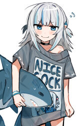 Rule 34 | 1girl, puff of air, blue eyes, blue hair, blush stickers, choker, closed mouth, collarbone, emne, english text, fins, fish tail, gawr gura, grey hair, hair ornament, highres, holding, holding stuffed toy, hololive, hololive english, jitome, looking at viewer, multicolored hair, no pants, off shoulder, print shirt, shark girl, shark hair ornament, shark tail, shirt, simple background, smile, smug, solo, standing, streaked hair, stuffed animal, stuffed shark, stuffed toy, t-shirt, tail, two-tone hair, two side up, v-shaped eyebrows, virtual youtuber, white background