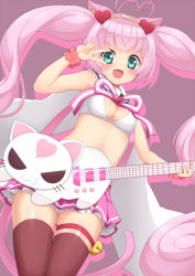 Rule 34 | 10s, 1girl, :d, animal ears, aqua eyes, bell, blush, breasts, cat ears, cat tail, crossed bangs, guitar, hair ornament, heart, heart hair ornament, instrument, jam (jam0601), long hair, looking at viewer, open mouth, pastel colors, pink background, pink hair, pink skirt, red thighhighs, rosia (show by rock!!), show by rock!!, simple background, skirt, smile, solo, tail, thighhighs, twintails, v