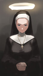 Rule 34 | 1girl, absurdres, blue eyes, cross, cross necklace, habit, halo, highres, jewelry, looking at viewer, necklace, nun, original, own hands together, potatomochii, solo, traditional nun, veil