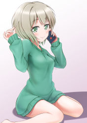 Rule 34 | aoba moca, bang dream!, blush, breasts, brown hair, cellphone, commentary request, green eyes, green sweater, hair between eyes, holding, holding phone, lic (licloud28), long sleeves, looking at viewer, medium breasts, no pants, phone, sitting, smartphone, smile, solo, sweater, v-neck
