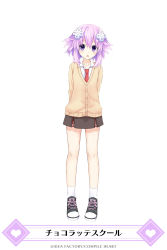 Rule 34 | 1girl, :o, ankle socks, arms behind back, blush, collarbone, collared shirt, company name, d-pad, full body, hair between eyes, hair ornament, hairclip, highres, jacket, looking at viewer, miniskirt, necktie, neptune (neptunia), neptune (series), official art, purple eyes, purple hair, red necktie, school uniform, shirt, shoes, short hair, simple background, skirt, socks, solo, standing, surprised, white background, white footwear, white shirt, white socks, wide-eyed