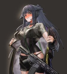 Rule 34 | 1girl, animal ears, ar-15, arknights, assault rifle, black panties, black shirt, black shorts, blush, breasts, cat ears, cat girl, closed mouth, earpiece, green eyes, grey background, gun, jacket, jessica (arknights), jessica the liberated (arknights), large breasts, long hair, long sleeves, looking at viewer, open clothes, open jacket, panties, ponytail, purple hair, rifle, shirt, shorts, sidelocks, simple background, solo, standing, steaming body, supernova05, sweat, underwear, weapon