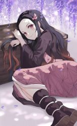 Rule 34 | 1girl, absurdres, black footwear, black hair, boots, brown hair, commentary, english commentary, flower, forehead, gradient hair, hair ribbon, head rest, highres, japanese clothes, kamado nezuko, kimetsu no yaiba, kimono, legs together, long hair, long sleeves, looking at viewer, lying, multicolored hair, on side, petals, pink eyes, pink kimono, pink ribbon, ribbon, smile, solo, tanchobee, two-tone hair, very long hair, wooden box