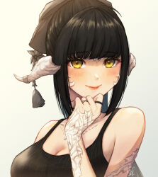 Rule 34 | au ra, bare shoulders, black camisole, black hair, blush, breasts, camisole, dragon horns, eyebrows hidden by hair, final fantasy, final fantasy xiv, hair bun, hand on own chin, horn ornament, horns, iori haori, jewelry, large breasts, light smile, lipstick, long bangs, looking at viewer, makeup, necklace, scales, simple background, upper body, warrior of light (ff14), yellow eyes