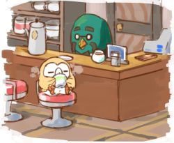 Rule 34 | = =, animal crossing, animal focus, bird, brewster (animal crossing), cash register, coffee cup, coffee pot, company connection, creatures (company), crossover, cup, disposable cup, door, drinking, game freak, gen 7 pokemon, glasses, nintendo, no humans, opaque glasses, pokemon, pokemon (creature), round eyewear, rowlet, sitting, stool