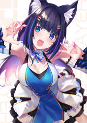 Rule 34 | 1girl, :d, animal ear fluff, animal ears, armpits, arms up, bare shoulders, black hair, blue dress, blue eyes, blue nails, blurry, blush, breasts, cat ears, choker, claw pose, cleavage, colored inner hair, commentary request, detached sleeves, displayer, dress, frilled choker, frilled dress, frills, fukai ryosuke, hair ornament, hairpin, hands up, head tilt, large breasts, long hair, long sleeves, looking at viewer, medium breasts, mole, mole on breast, multicolored hair, nail polish, open mouth, purple hair, simple background, smile, solo, streaked hair, virtual youtuber, white background, yoshibana kokoro