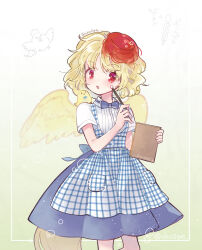 Rule 34 | 1girl, animal, bird, bird tail, bird wings, biyon, blonde hair, blue skirt, blush, chick, collared shirt, commentary, feathered wings, holding, holding pen, kobeya uniform, multicolored hair, niwatari kutaka, open mouth, pen, red eyes, shirt, short hair, short sleeves, skirt, smile, solo, symbol-only commentary, tail, touhou, twitter username, two-tone hair, white shirt, wings, yellow wings