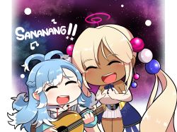 Rule 34 | 2girls, absurdres, altronage, blue hair, breasts, chibi, closed eyes, dark-skinned female, dark skin, elbow gloves, gloves, guitar, highres, hololive, hololive english, hololive indonesia, hood, hoodie, instrument, kobo kanaeru, large breasts, limiter (tsukumo sana), long hair, multiple girls, music, playing instrument, sky, space, star (sky), starry sky, tears, tsukumo sana, tsukumo sana (1st costume), twintails, virtual youtuber