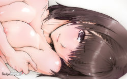 Rule 34 | 1girl, anegasaki nene, breast hold, breasts, brown hair, cleavage, collarbone, completely nude, face, hair over one eye, highres, large breasts, lips, love plus, lying, mole, mole under eye, nipples, nude, on side, purple eyes, simple background, solo, yoshijima ataru