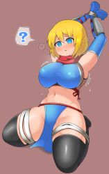Rule 34 | 1girl, ?, alice margatroid, armpits, arms up, black thighhighs, blonde hair, blue eyes, blue gloves, blush, bound, bound legs, bound wrists, breasts, bright pupils, brown hair, cameltoe, commentary, cookie (touhou), covered erect nipples, elbow gloves, fishnet top, fishnets, full body, gloves, highres, large breasts, loincloth, looking back, madore, midriff, navel, ninja, no panties, open mouth, seiza, short hair, sitting, solo, spoken question mark, thick thighs, thighhighs, thighs, touhou, vambraces, web (cookie), white pupils