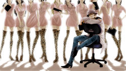 Rule 34 | 1boy, 6+girls, animal print, boots, chair, doctor, hat, head out of frame, highres, lab coat, legs, leopard print, lineup, long sideburns, mak (kainemaru), manly, medical, multiple girls, nurse, office chair, one piece, pirate, sideburns, sitting, standing, swivel chair, syringe, thighhighs, trafalgar law, zettai ryouiki
